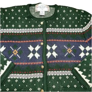 Vintage Crystal-Kobe Petite Green Cardigan Sweater Nordic Gold Buttons Women's M